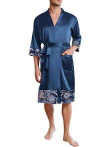 Mens Satin Robe Lightweight Silky Kimono Bathrobe 3/4 Sleeve Spa Knee Length Loungewear With Pockets S-3XLhalloween - 海軍藍圖案 - 查看 1