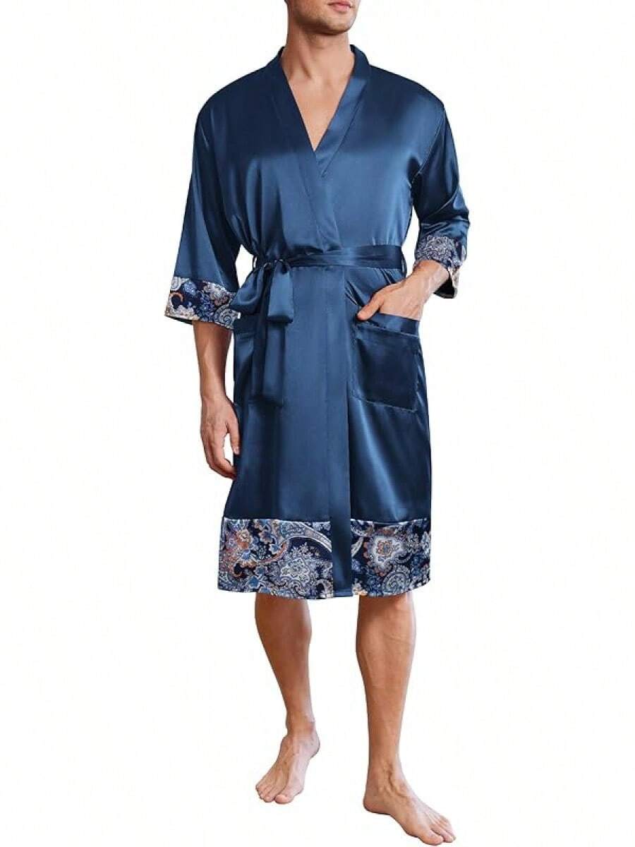 Mens Satin Robe Lightweight Silky Kimono Bathrobe 3/4 Sleeve Spa Knee Length Loungewear With Pockets S-3XLhalloween - 海軍藍圖案 - 查看 1