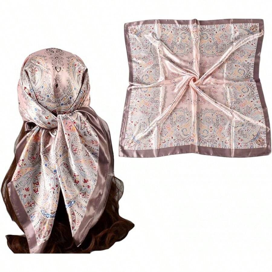 35 Inches Silk Head Scarf-Satin Hair Scarves Silk Bandana Scarf Headscarf For Women's Fashion Scarveshalloween - 大花腰果 - 粉紅色 - 查看 1