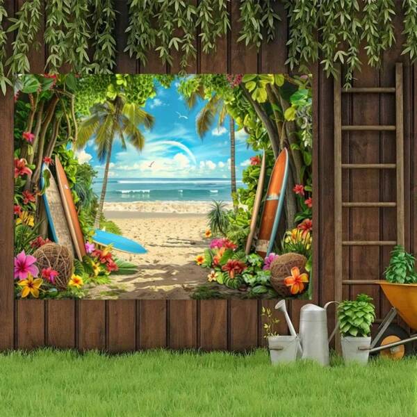 Summer Hawaiian Beach-Themed Photography Backdrop - Versatile Fabric With Blue Caravan, Surfboard & Tropical Flowers Design For Luau Parties, Travel & Camping Decor