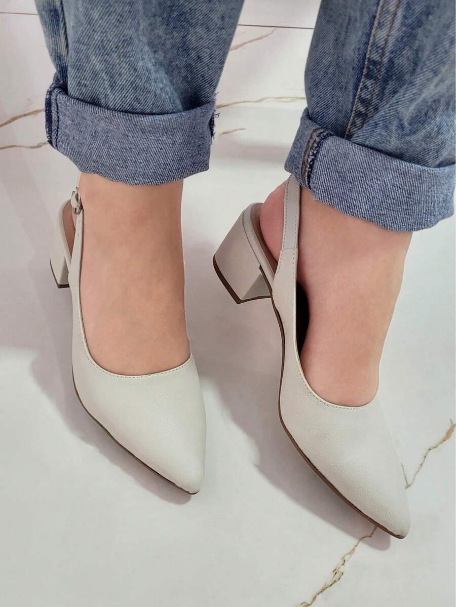 Elegant Block Heel Sandal With Pointed Toe And Open Back - White - View 1