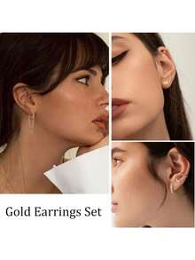 Milacolato 29Pcs 14K Gold Plated Studs Earrings And Hoops Set For Women Huggie Hoop Studs Earrings Set Dainty Minimalist Moon Heart Butterfly CZ Ball Small Dangle Chain Hoop Earrings Set For Multiple Piercing - 彩色 - 查看 4