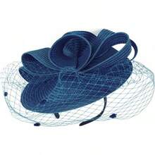 Derby Fascinators Women High Tea Party Hat Wedding Cocktail Flower Headware With Mesh And Feathers - Z-f0271-海軍藍 - 查看 6
