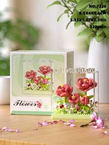 9种类型，1-4英寸创意花朵积木玩具，DIY花朵模型，DIY工艺花束，透明亚克力盒，ABS塑料，花朵积木套装，浪漫风格，形状包括康乃馨、玫瑰、郁金香、风信子、牡丹、向日葵、山茶花、栀子花，可堆叠积木玩具，玩具，礼物，