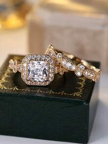 Bộ 2 chiếc nhẫn Cubic Zirconia vuông thời trang & thanh lịch, thích hợp cho phụ nữ đeo trong đám cưới, tiệc tùng, tụ họp - Vàng - Xem 5