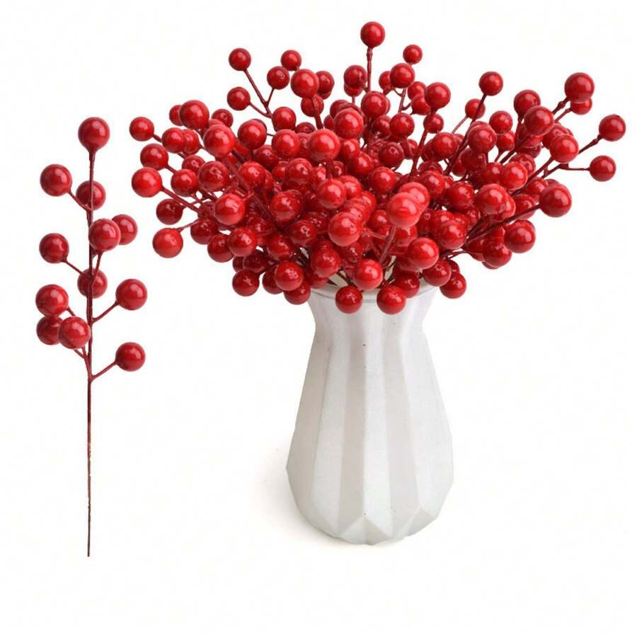 12Pcs Simulated Red Fruits, Holly Fortune Fruit Christmas Decoration Red Berries With Frost, Christmas Ornaments, Holiday Decoration Gifts Home Decor Christmas Decorations Room Decor Winter