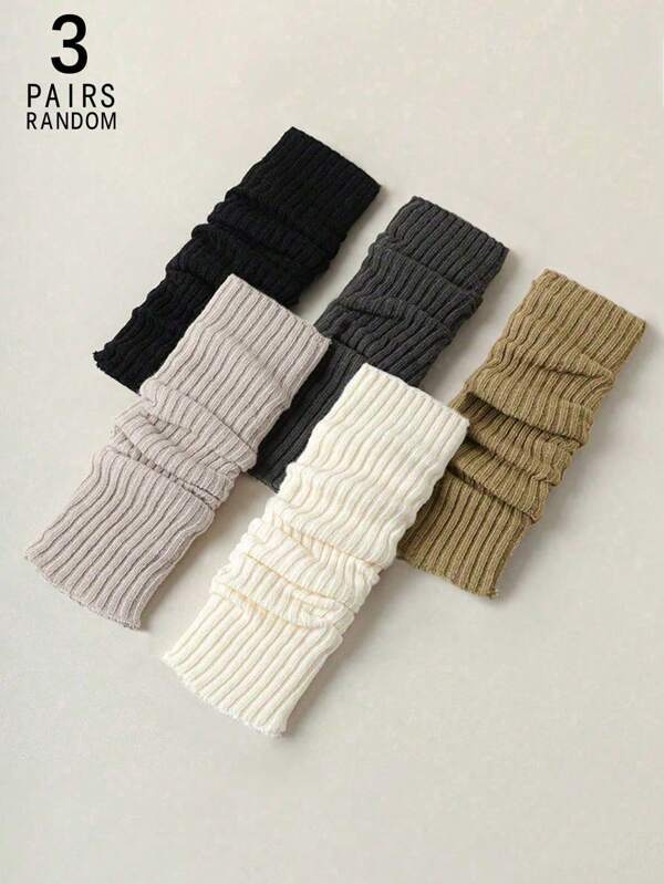 Set de 3 pares de calentadores de piernas para mujer de punto acanalado de otoño e invierno, de estilo sencillo y cálido, color aleatorio