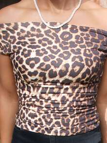 Áo thun nữ Y2K Gyaru Leopard Print bó sát cổ bất đối xứng, nhún bèo, phong cách cổ điển và thiên niên kỷ, trường học - Nhiều màu - Xem 4