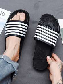 Men's Black And White Striped Slippers. Summer Indoor And Outdoor Fashionable One-Piece Slippers, Lightweight And Casual Couple Slippers - Black and White - View 5