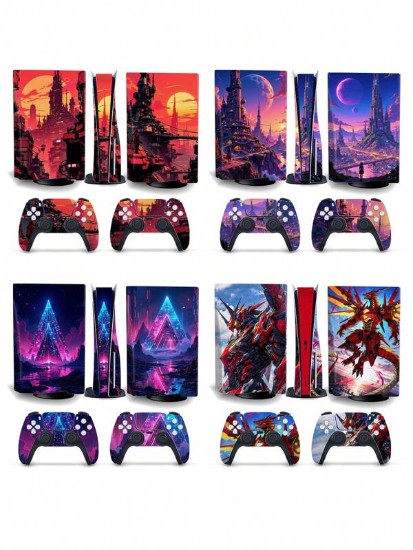 SUPSTICKER 1 Set Of Futuristic Graphic Skin Stickers For Game Console, Controller, And Side Panels. Made Of PVC Material With Perforated Ventilation Design, For Easy Application - The Perfect Decoration For Your Gaming Device!