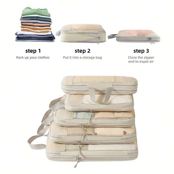 Set de 5 bolsas de almacenamiento y compresión para viajes, esenciales ligeros para vacaciones, set de cubos organizadores de equipaje, cubos de empaque duraderos para viaje