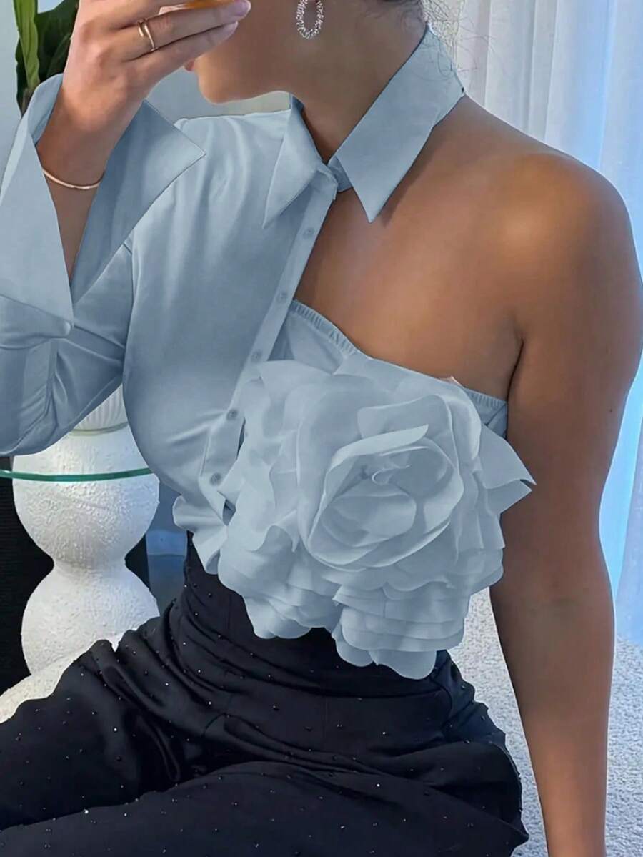 Women's Solid Color One Shoulder Long Sleeve Single Button Floral Designed Elegant Shirt - Blue - View 1