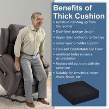 Gel Memory Foam Recliner Cushion For Elderly, Dual-Layer Foam Chair Pad, Extra Large Seat Cushion For Couch, Armchair, Wicker Chairs, Floor, 18 * 18 * 4in, Black - 黑色 - 查看 8