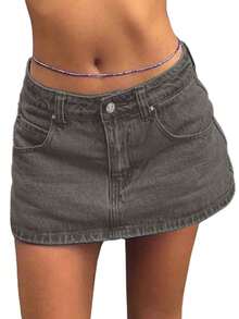 Women Denim Skort Skirt Stretchy Mid Waist Y2K Sexy Mini Skirts Dressy Casual Jean Skorts - 灰色 - 查看 5