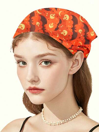 Women Bandana 1/7pcs Women's Ghost Pumpkin Skeleton Print Chiffon Triangular Headband, Fashion Versatile Funny Headpiece For Halloween Party, Gathering, Ball Hair Accessories Autumn Accessories Fall Head Scarf Autumn Hair Band Soft Head Band For Gifts