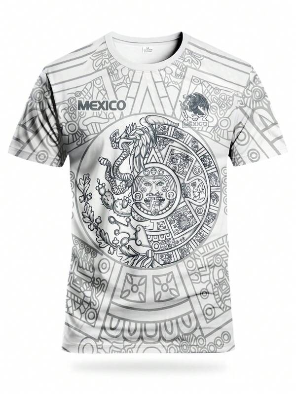 Camiseta de fútbol inspirada en México para hombres - Poliéster ligero, ajuste delgado, manga corta con patrones geométricos, ideal para entrenamiento, competencia y uso casual, Camiseta deportiva | Camisa con patrón geométrico | Ropa de entrenamiento