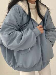 Women's Reversible Oversize Faux Shearling Lined Hooded Jacket Winter Y2K 2 Way Wear Padded Coat - 藍色 - 查看 2