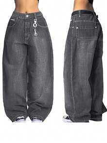 Women's Hip Hop Baggy Jeans Wide Leg Mid-Low Waist Jeans Loose Boyfriends Jeans 90s Vintage Denim Pants - 深灰色 - 查看 1