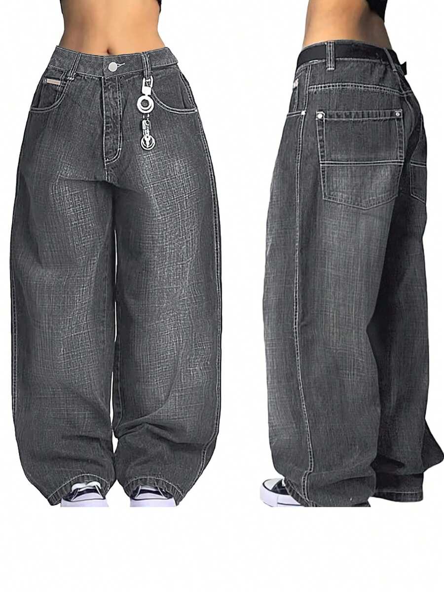 Women's Hip Hop Baggy Jeans Wide Leg Mid-Low Waist Jeans Loose Boyfriends Jeans 90s Vintage Denim Pants - 深灰色 - 查看 1