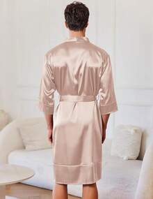 Mens Satin Robe Lightweight Silky Kimono Bathrobe 3/4 Sleeve Spa Knee Length Loungewear With Pockets S-3XLhalloween - 香檳色 - 查看 8