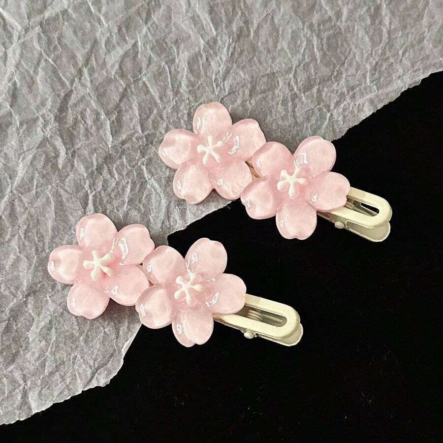 Romantic Pink Cherry Blossom Hairpin High-Value Sweet And High-End Girl Bangs Side Hair Card - 彩色 - 查看 1