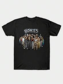 Homies Gangster Cartoon Characters Graphic T-Shirt For Men & Women - 100% Cotton 220GSM Black Retro Streetwear Tee With Bold Print, Regular Fit Round Neck Casual Shirt, Machine Washable, Fashionable Graphic Print T Shirt, Streetstyle Apparel, Cartoon Character Design, Comfortable Fit Shirt - 黑色 - 查看 1