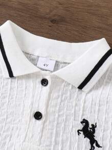 2pcs/Set Young Boys Summer New Casual Horse Embroidery Knit Short Sleeve Polo Shirt And Shorts Outfit