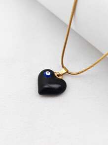 1pc Fashion Versatile Titanium Steel Heart & Evil Eye Pendant Necklace, Unique Personalized Choker Necklace