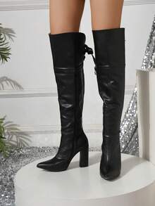 2025秋冬新款时尚超高跟复古粗跟尖头过膝长靴，欧式侧拉链女靴，性感派对风 - 黑色 - 查看 7
