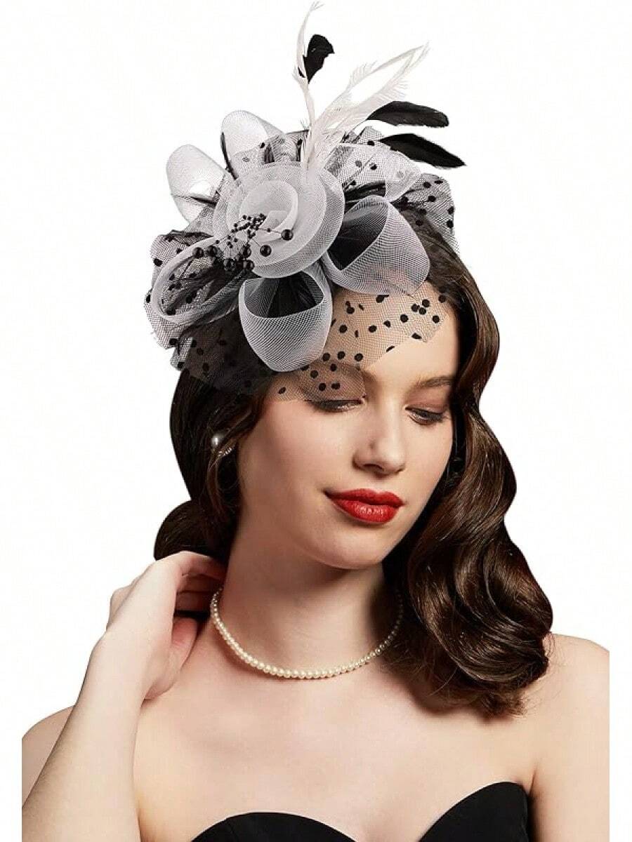 Derby Fascinators Women High Tea Party Hat Wedding Cocktail Flower Headware With Mesh And Feathers - 黑白 - 查看 1