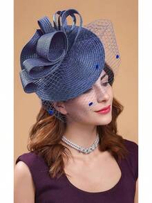Derby Fascinators Women High Tea Party Hat Wedding Cocktail Flower Headware With Mesh And Feathers - Z-f0271-海軍藍 - 查看 3