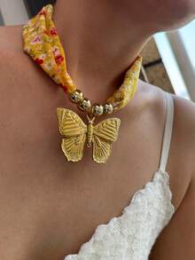 Monlansher 新款不锈钢蝴蝶吊坠项链搭配黄色印花布颈链，原创设计，时尚夸张个性项链，适合女性，休闲度假百搭 - 蝴蝶款 - 查看 2