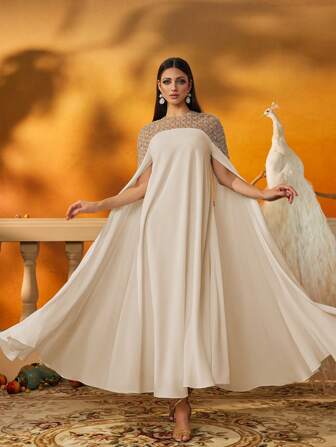 象牙色端庄披肩袖缀饰长款女式长袍，优雅高领长裙，正式卡夫坦晚礼服，阿拉伯长袍式连衣裙，垂坠伊斯兰礼服，斋月开斋节服装，飘逸宽松连衣裙