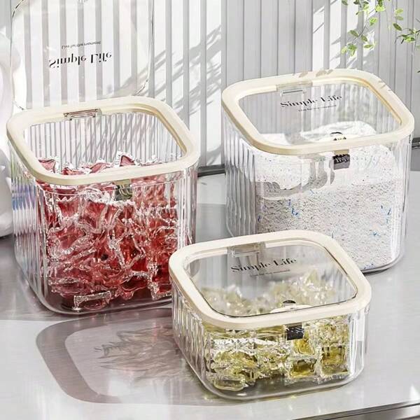 1 pieza Caja de almacenamiento de polvo de lavado con perlas perfumadas, contenedor sellado de gran capacidad para bloques de detergente o cápsulas de gel de lavado