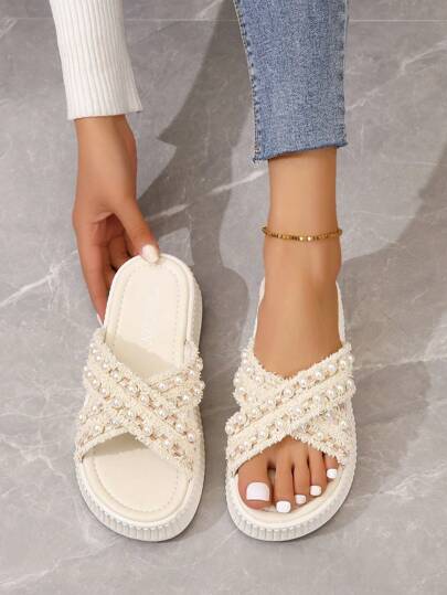 New Faux Pearl Decor Slippers For Women, Strap Beach Slide Sandals, Versatile Casual Open Toe Mules