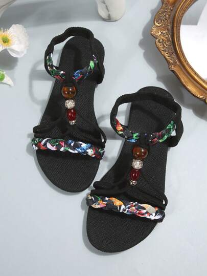 Sandálias rasteiras femininas casuais para atividades ao ar livre, sandálias rasteiras boêmias com decoração de diamantes para férias na praia