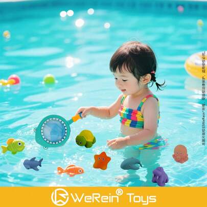WeRein Bath Toys Baby Squirters Toys,Bath Fishing Game With Fishing Net,Floating Bath Toy Bathtub Swimming Pool Rubber Float Squirt Sound Toys Learning Education Toys For Toddler