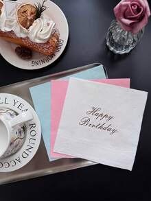 16 tờ/bộ, Khăn ăn dùng một lần có in hình lá kim 13 inch x 13 inch "Chúc mừng sinh nhật", Khăn giấy trang trí tiệc sinh nhật, Giấy ăn dùng cho nhà hàng, khách sạn, đồ dùng tiệc, Làm từ bột gỗ nguyên chất, Trắng/Hồng/Xanh lam - trắng - Xem 2