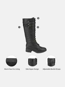 Women's Camel Faux Leather Pu Knee High Riding Combat Boots - Black - View 7