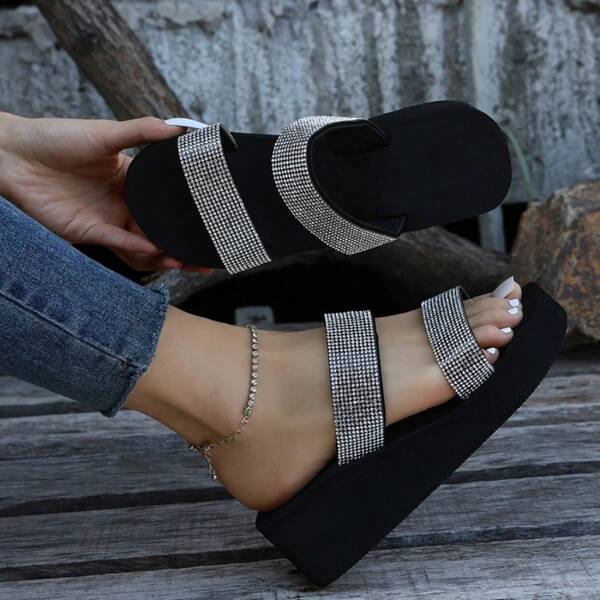 Women's Summer Roman Style Rhinestone Strap Sandals, Wedge Heel Platform, Lightweight & Soft