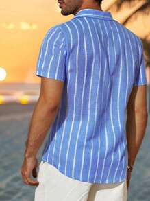 Chemise à manches courtes de style vacances, décontractée et , à rayures bleues et blanches, respirante, pour hommes, printemps/été