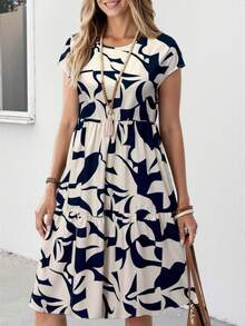 Vestido casual para mujer, cuello redondo, manga corta, estampado geométrico - Multicolor - Ver 4