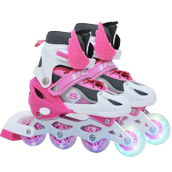 Inlineskates, Größenverstellbare Rollschuhe, Inline-Wheels mit Leuchte, Rollerskate, Inliner, Verstellbare Größe 26-41, Dreifacher Schutz, Rosa/Blau