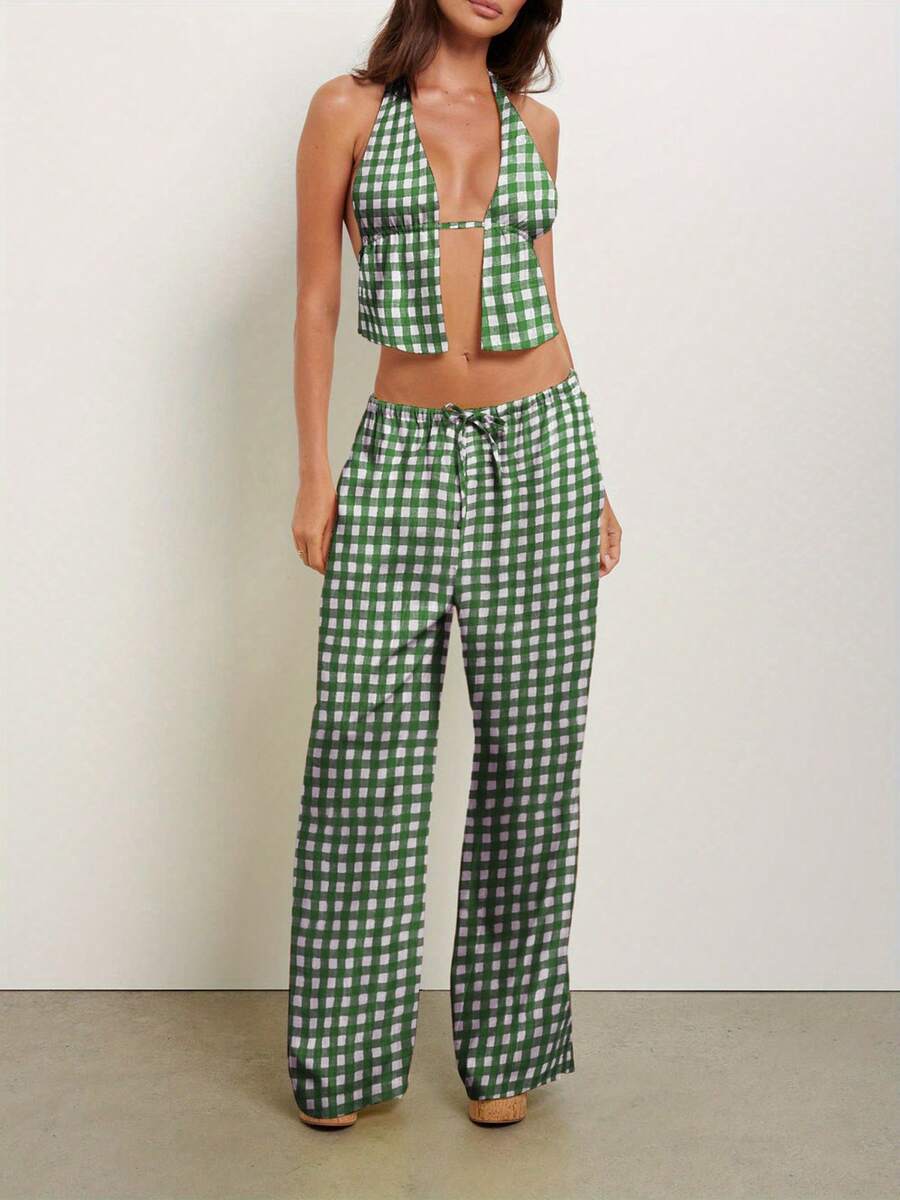 Women Summer Pants Outfits Stripe Tie-Up Halter Neck Backless Sleeveless Tank Tops Wide-Leg Pants 2 Pieces Clothes Set - màu xanh lá - Xem 1