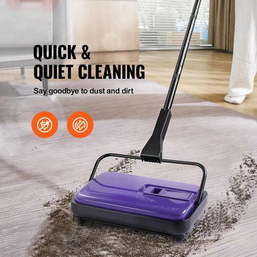 Carpet Sweeper, 6.7 In Sweeping Paths, Floor Sweeper Manual Non Electric, 300 Ml Dustbin Capacity With Comb For Home Office Rugs Hardwood Surfaces Wood Floors Laminate, Cleans Dust Pet Hair - 紫色 - 查看 1