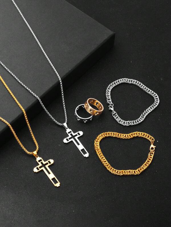 6pcs/Set Cross-Shaped Necklace, Bracelet And Ring, Men's Business Casual Accessories, Including 2 Necklaces, 2 Bracelets And 2 Rings
