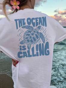 T-shirt blanc à manches courtes ample à col rond avec imprimé tortue et slogan, style décontracté de vacances, convenant aux grandes tailles. Top à la mode pour une utilisation quotidienne et les vacances - Blanc - Voir 8
