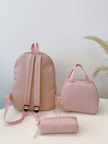 3pcs/Set Fashionable School Style Solid Color Backpack Set, Includes Backpack, Lunch Bag And Pencil Case, With Laptop Compartment, Adjustable Shoulder Straps, Multi-Pockets Large Capacity, Multi-Functional Backpack Set, Suitable For Girls/Teens/College Students/Graduates For Daily Use/Vacation/Travel/Back To School - Pink - View 11