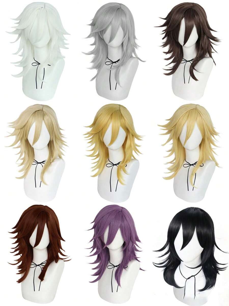 18英寸耐热直发合成动漫角色扮演假发，适合派对，中长蓬松层次直发带刘海，男女通用自然时尚假发，无需胶水，佩戴舒适，耐热，全机器制造，经典时尚假发，高密度柔软发丝。 - 彩色 - 查看 1