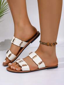 Plus Size Women Summer Fashion Solid Color Metal Slides Sandals, Comfortable Slip-On Beach Shoes